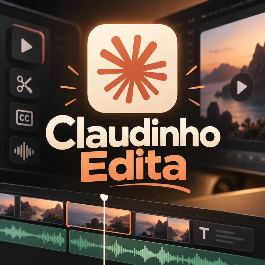 Tela do editor Claudinho Edita com timeline, cortes e legendas.