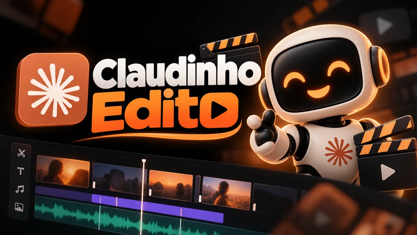 Claudinho, o robô mascote, ao lado do editor de vídeo com a timeline cortada e legendas.